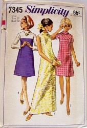 7345 SIMPLICITY 1967 NO COLLAR A-DRESS LENGTHS SLEEVES OR NOT PATTERN 10 31"B UNCUT